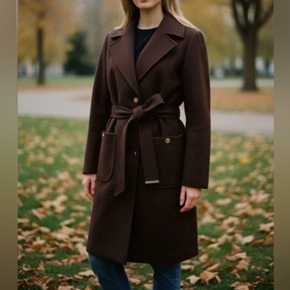 Marc New York Women’s Brown Single Breasted Belted Coat Gold Tone Buttons